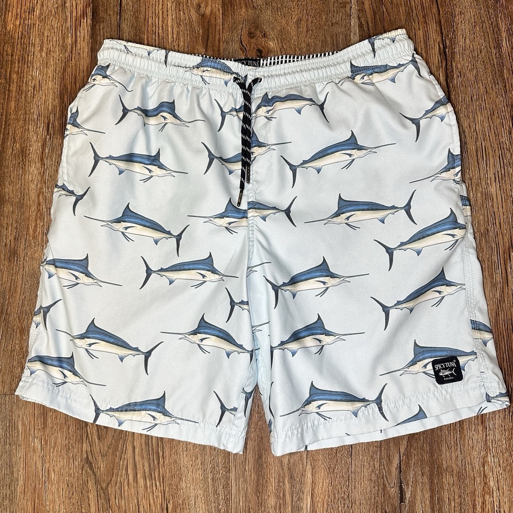 Spicy Tuna Swim Trunks Mens M Swimwear Lined Board Shorts Blue Marlin Print